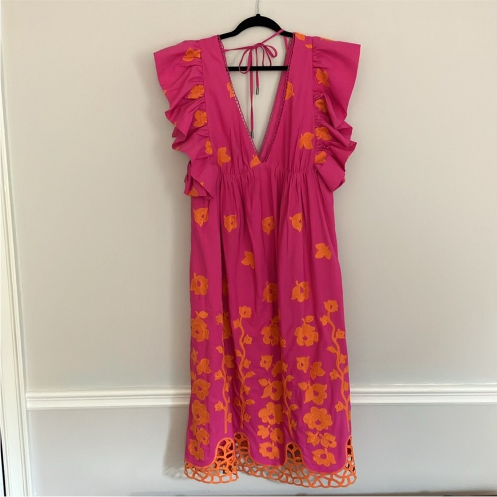 FARM Rio Pink Midi Dress with Orange Floral Accents